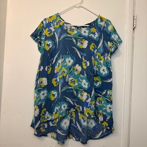 Ava Christine Floral High-Low Blouse | Blue & Citron Plus Size 1X